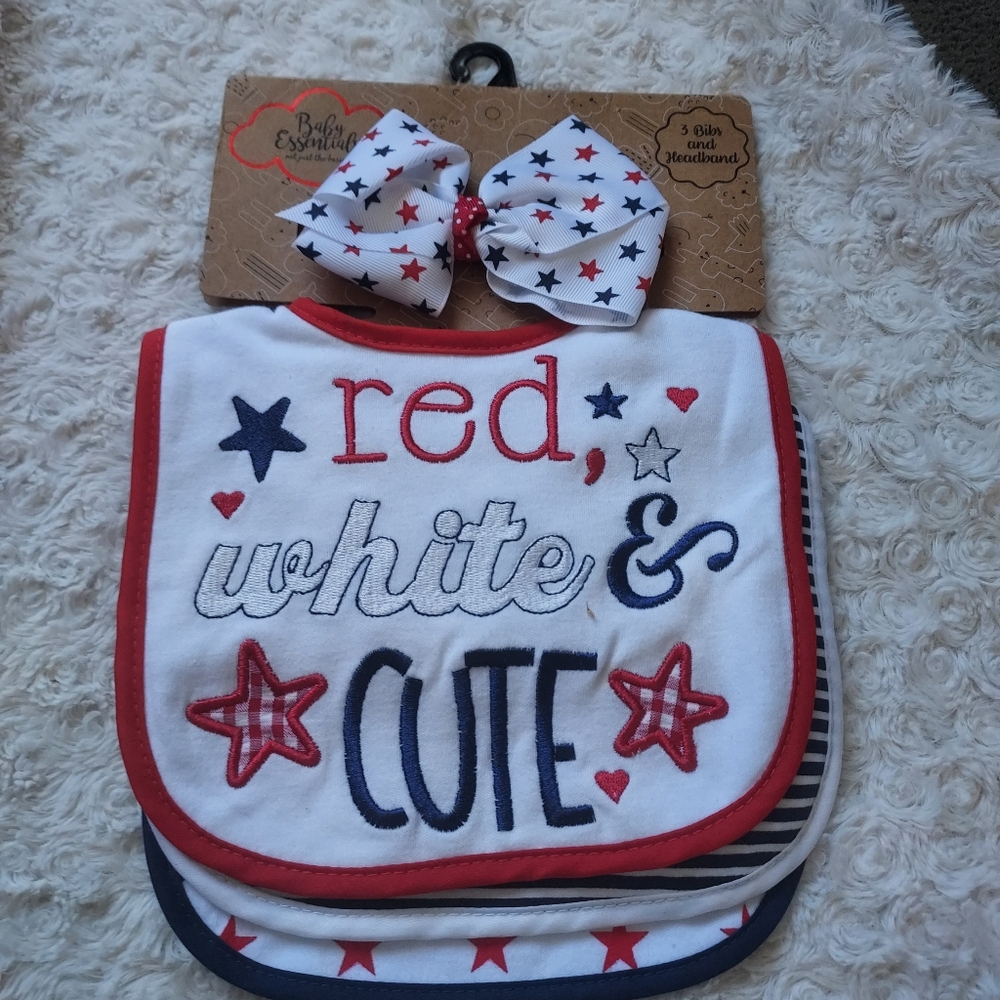Baby Girl Essentials 0-6mo Red White & Blue Patriotic Bib & Headband Set